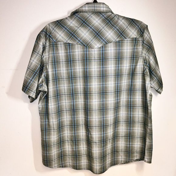 Mens Western Shirt XL Wrangler Pearl Snap Plaid Short Sleeve Green white - Picture 5 of 9